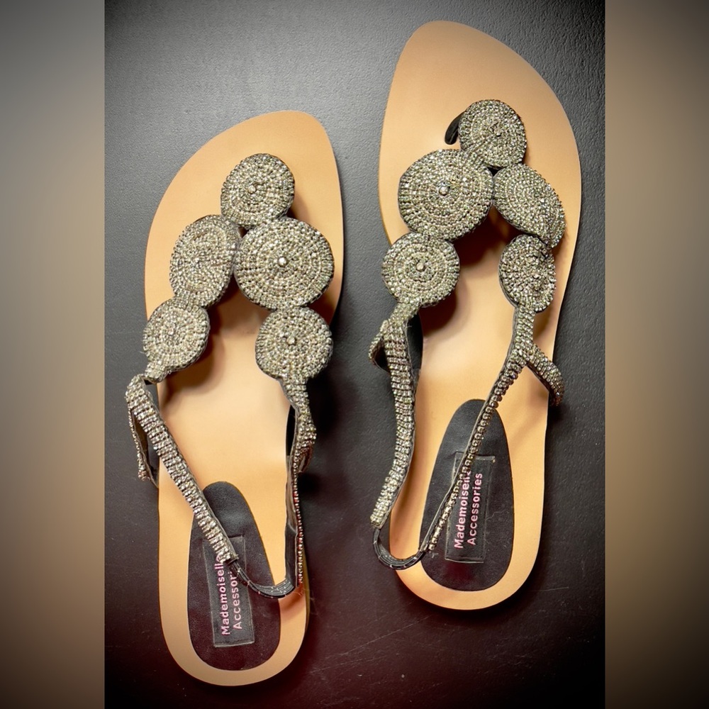 Mademoiselle Accessories Silver Rhinestone Dressy Flat Heeled Toe Sandals